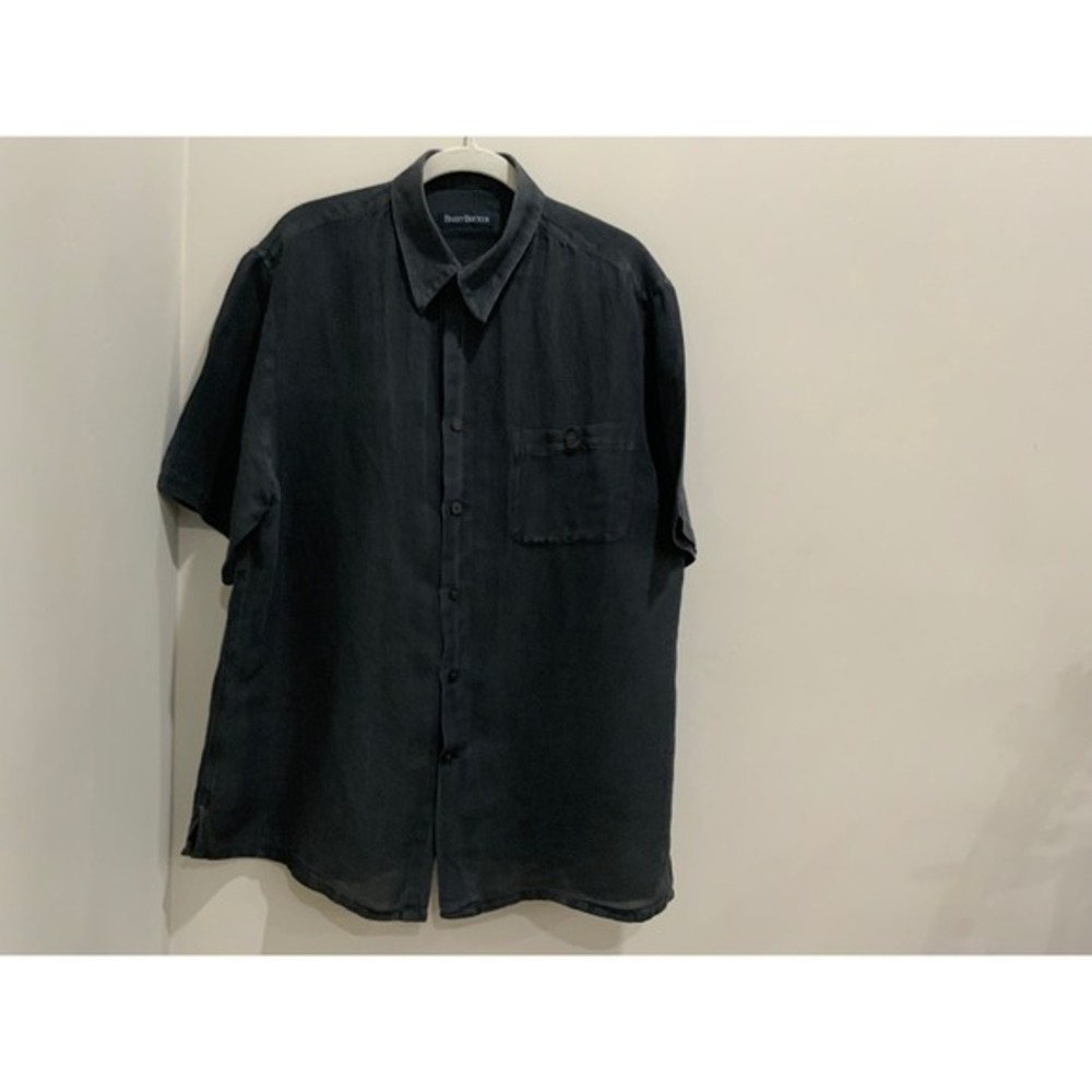 Barry Bricken Mens Linen Cotton Short Sleeve Button Down Shirt Charcoal Grey L